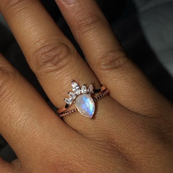 Pear Cut Genuine Moonstone Ring- Two Ring Set - Picture 7 of 8